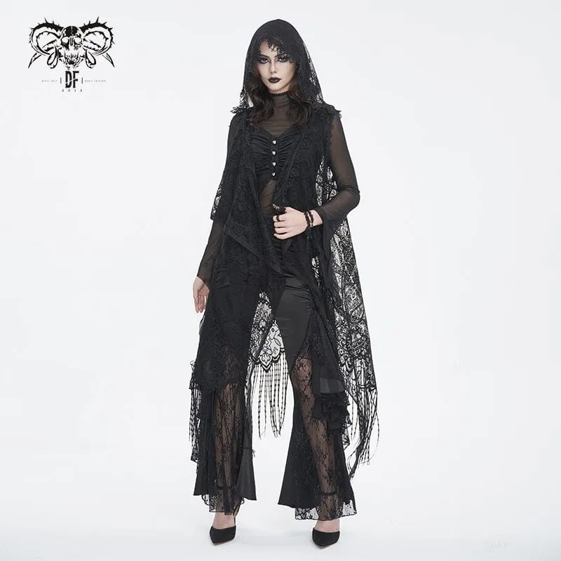 Damen-Cape im Gothic-Stil, Spitze, Netzstoff, hinten, geblümt, gehäkelt, mit Kapuze