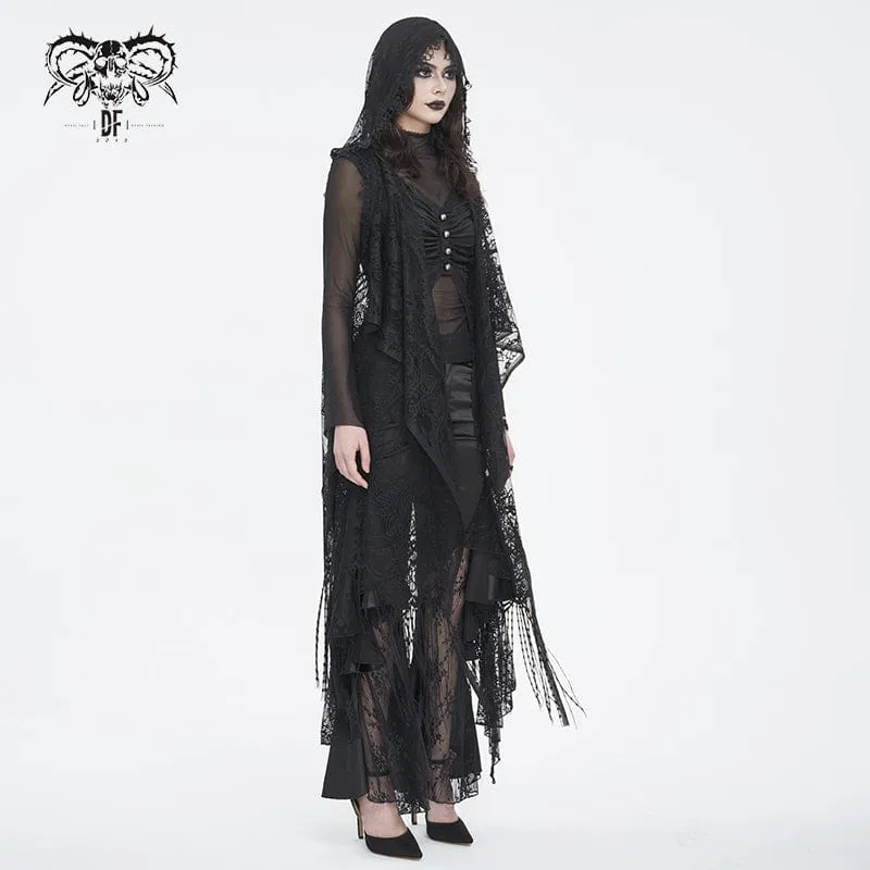 Damen-Cape im Gothic-Stil, Spitze, Netzstoff, hinten, geblümt, gehäkelt, mit Kapuze