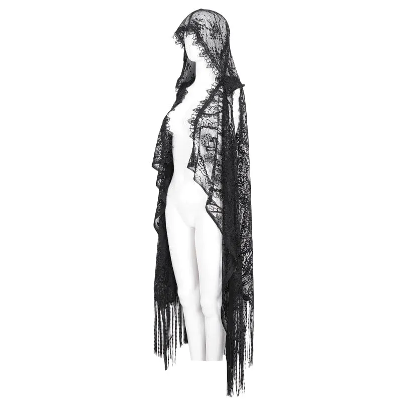 Damen-Cape im Gothic-Stil, Spitze, Netzstoff, hinten, geblümt, gehäkelt, mit Kapuze