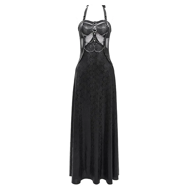Damen Punk Mesh Splice Chained Neckholder Flitterwochen Kleid