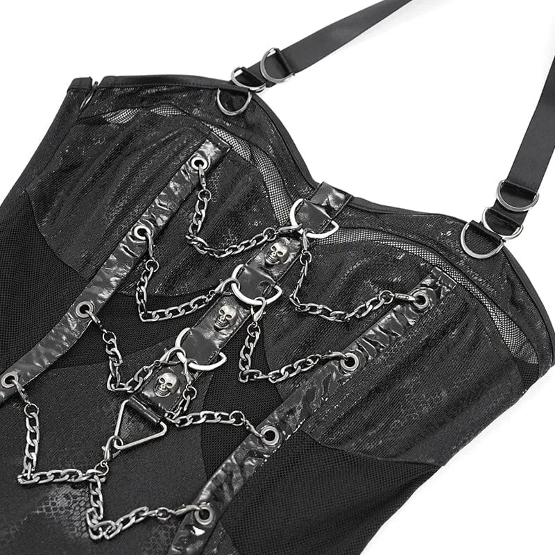 Damen Punk Mesh Splice Chained Neckholder Flitterwochen Kleid