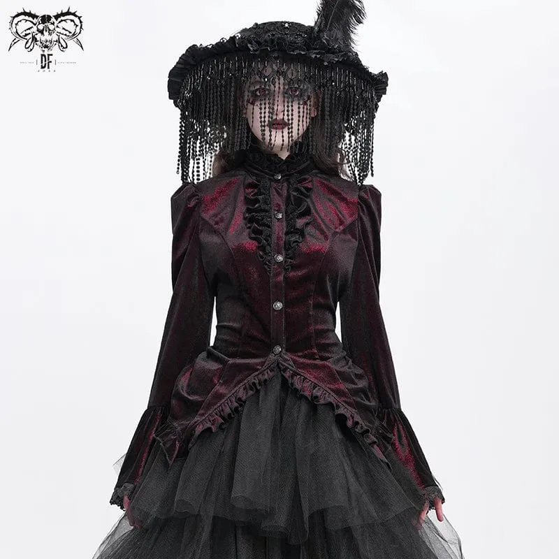 Gothic-Hemd mit ausgestellten Ärmeln, Rüschen und Schwalbenschwanz für Damen Rot