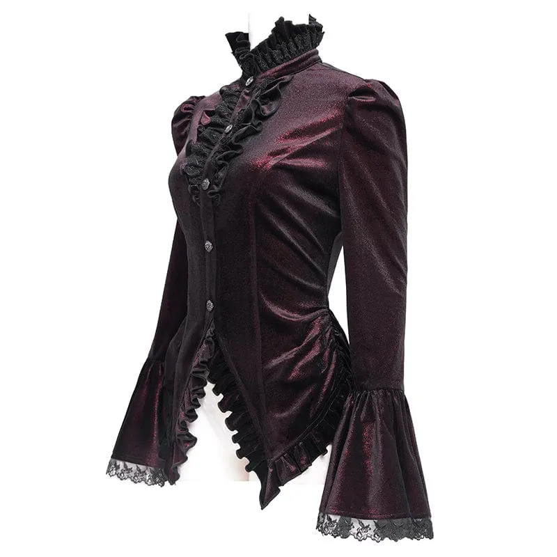 Gothic-Hemd mit ausgestellten Ärmeln, Rüschen und Schwalbenschwanz für Damen Rot