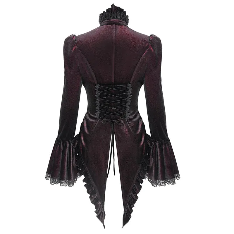 Gothic-Hemd mit ausgestellten Ärmeln, Rüschen und Schwalbenschwanz für Damen Rot