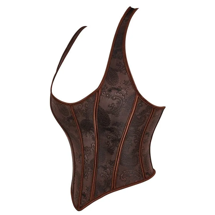 Gothic Riemchen-Blumendruck-Neckholder-Vollbrustkorsett für Damen