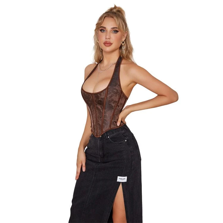 Gothic Riemchen-Blumendruck-Neckholder-Vollbrustkorsett für Damen