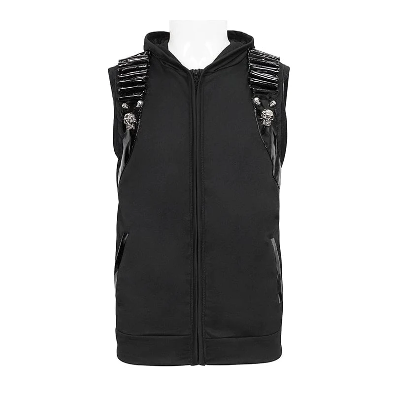 Herren Punk Skull Kunstleder Splice Weste mit Kapuze