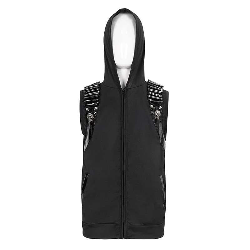 Herren Punk Skull Kunstleder Splice Weste mit Kapuze