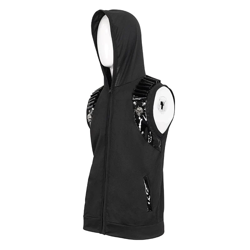 Herren Punk Skull Kunstleder Splice Weste mit Kapuze