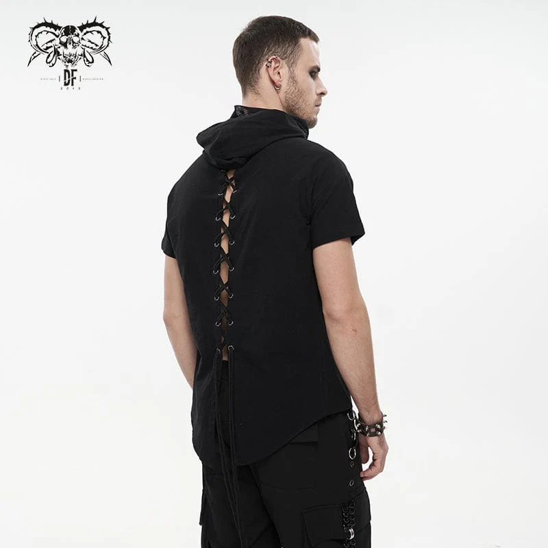 Herren Punk Strappy Mesh Splice Shirt mit Kapuze