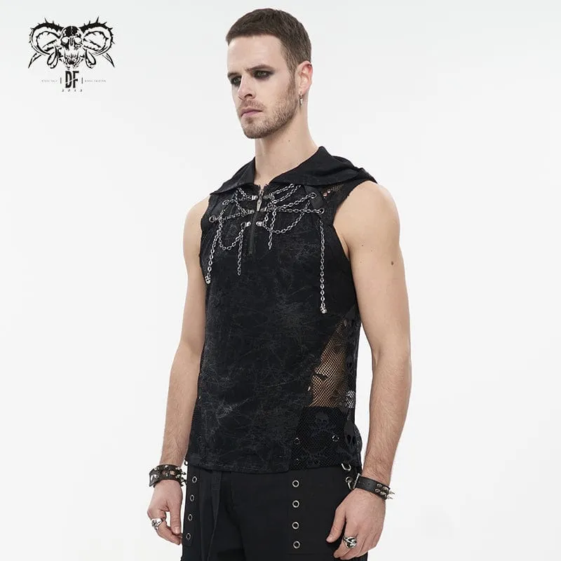 Herren Gothic Skull Mesh Splice Chain Tank Top mit Kapuze
