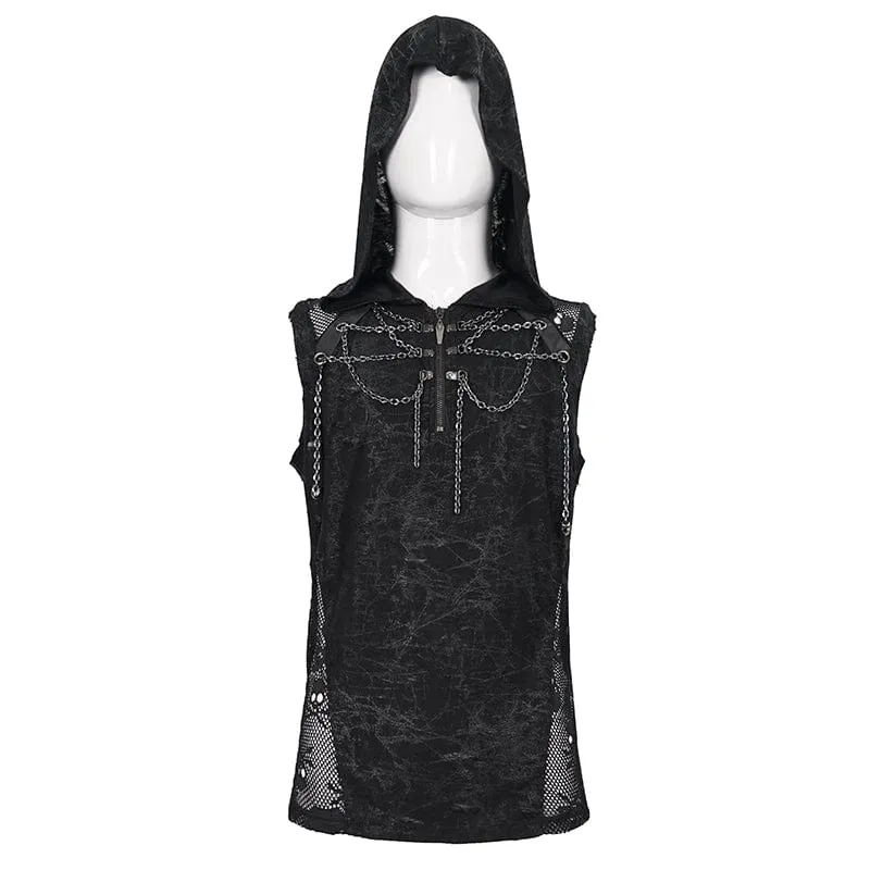 Herren Gothic Skull Mesh Splice Chain Tank Top mit Kapuze