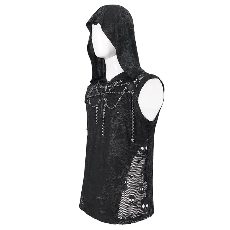 Herren Gothic Skull Mesh Splice Chain Tank Top mit Kapuze