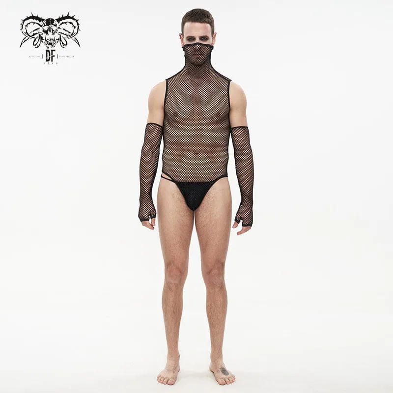 Herren-Punk-Mesh-Bodysuit mit hohem Kragen und Ärmeln