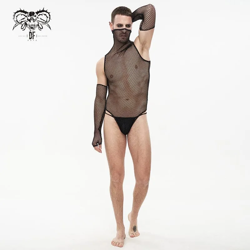 Herren-Punk-Mesh-Bodysuit mit hohem Kragen und Ärmeln