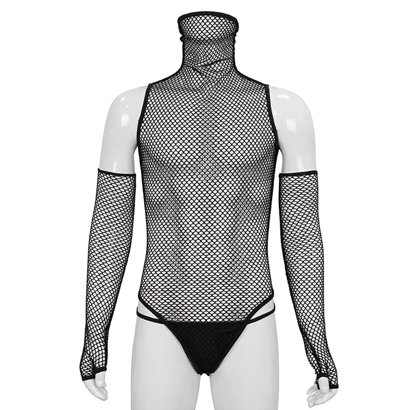 Herren-Punk-Mesh-Bodysuit mit hohem Kragen und Ärmeln