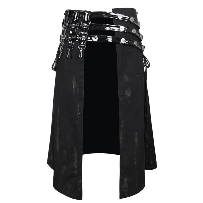 Punk Splice Distressed Kilt für Herren mit Riemen aus Lacklederimitat