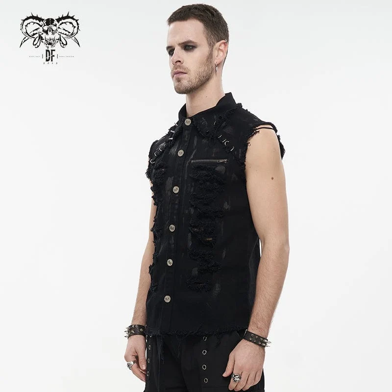 Herren Punk Distressed Ripped Unedged Weste