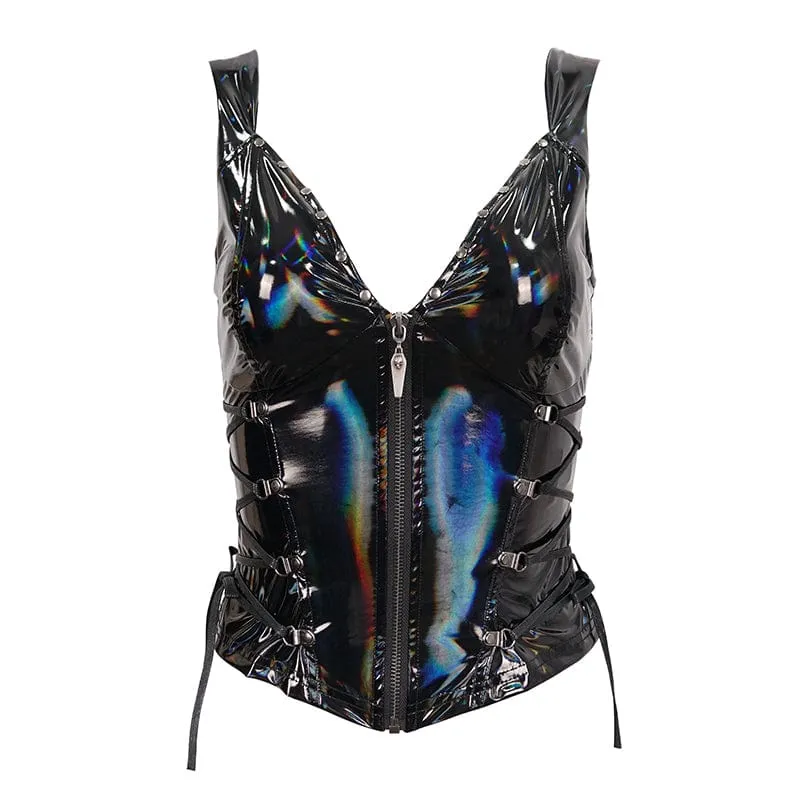 Damen-Punk-Riemchen-Plunging-Weste aus Lacklederimitat