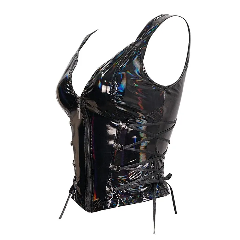 Damen-Punk-Riemchen-Plunging-Weste aus Lacklederimitat