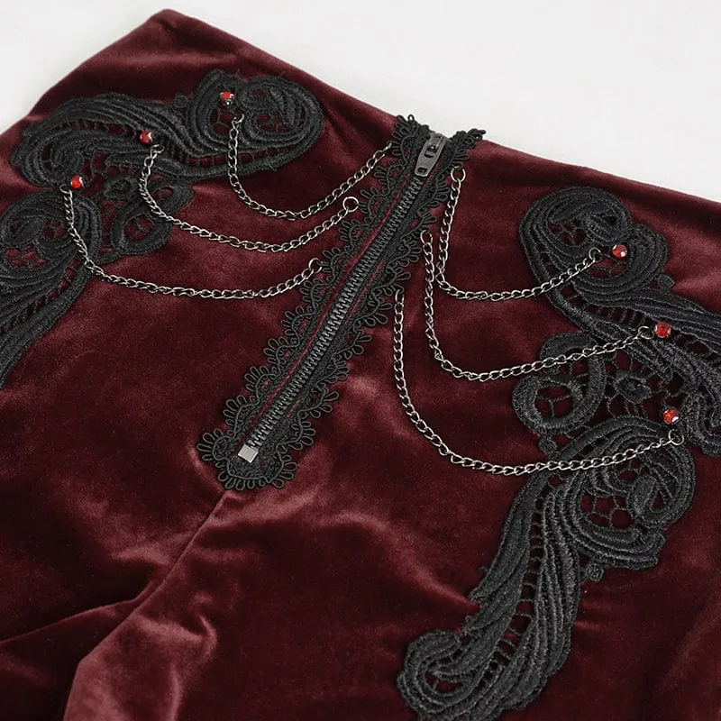 Damen Gothic Blumen bestickte Kette Samt Shorts rot
