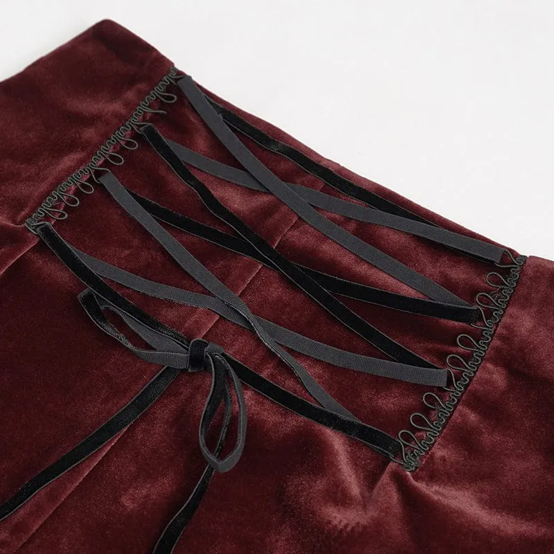 Damen Gothic Blumen bestickte Kette Samt Shorts rot