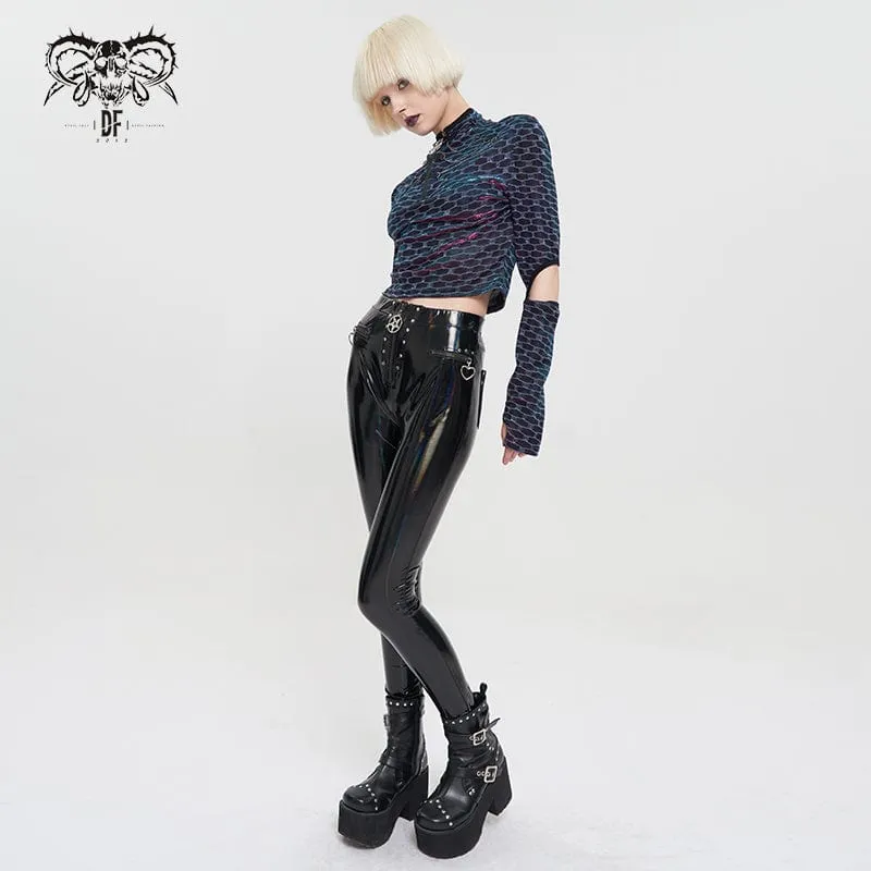 Punk-Leggings aus Kunstlackleder mit Sternenreißverschluss für Damen
