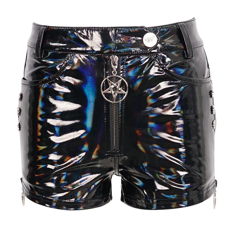 Damen Punk Faux Lackleder Star Zipper Shorts