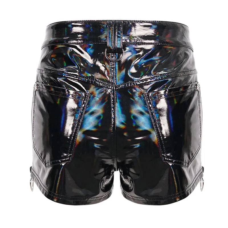 Damen Punk Faux Lackleder Star Zipper Shorts