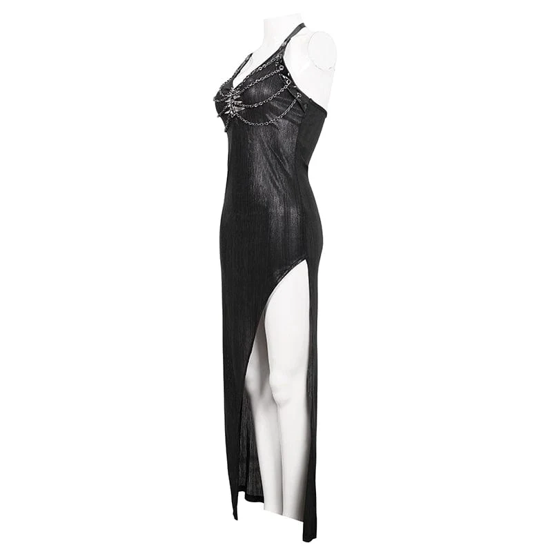 Damen Gothic Riemchen Kette Split Neckholder Kleid