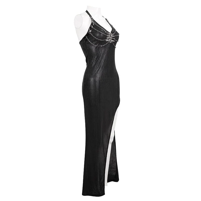 Damen Gothic Riemchen Kette Split Neckholder Kleid