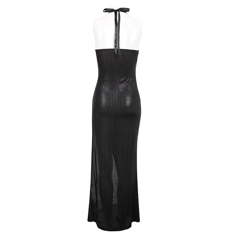 Damen Gothic Riemchen Kette Split Neckholder Kleid