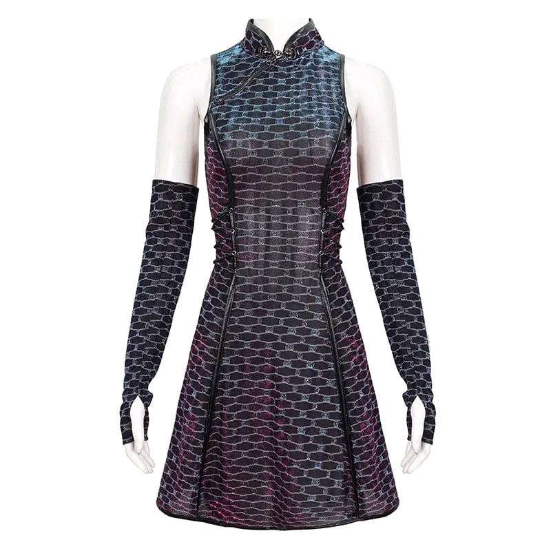 Damenkleid mit Grunge-Cheongsam-Kragen, Schuppenmuster und Überärmeln