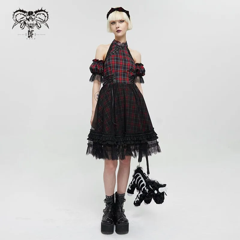 Damen Grunge schulterfreies Cheongsam-Kragen-kariertes Kleid