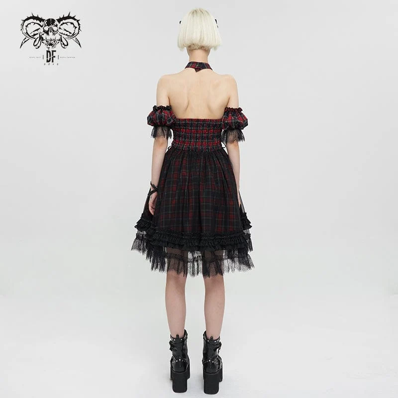 Damen Grunge schulterfreies Cheongsam-Kragen-kariertes Kleid