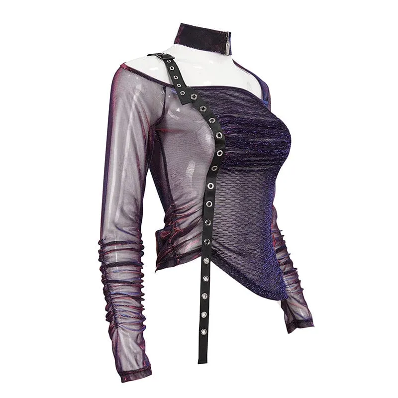Damen Grunge Slash Shoulder Chromatic Sheer Shirt