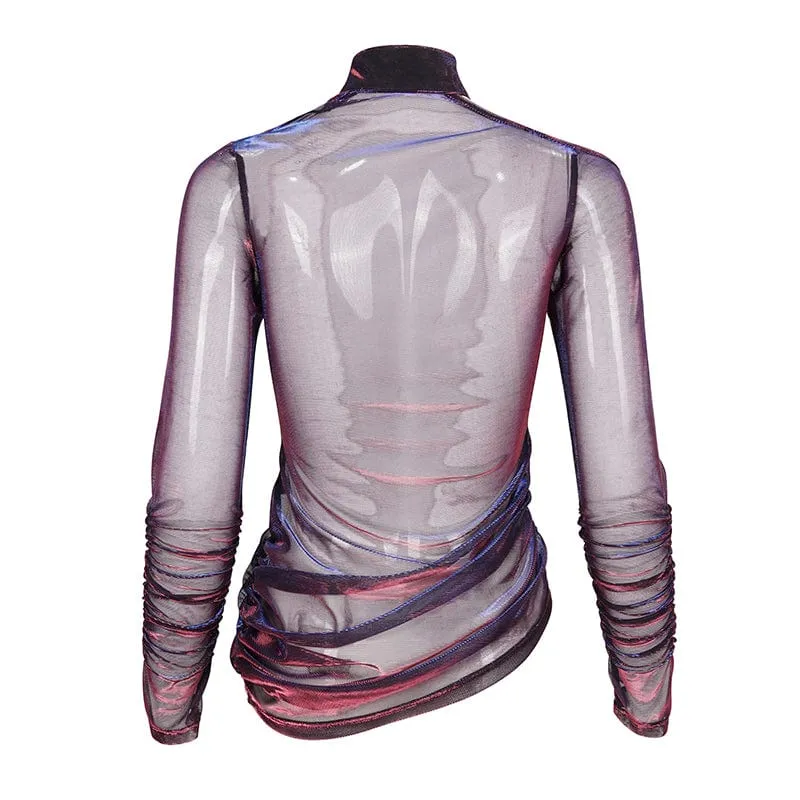 Damen Grunge Slash Shoulder Chromatic Sheer Shirt