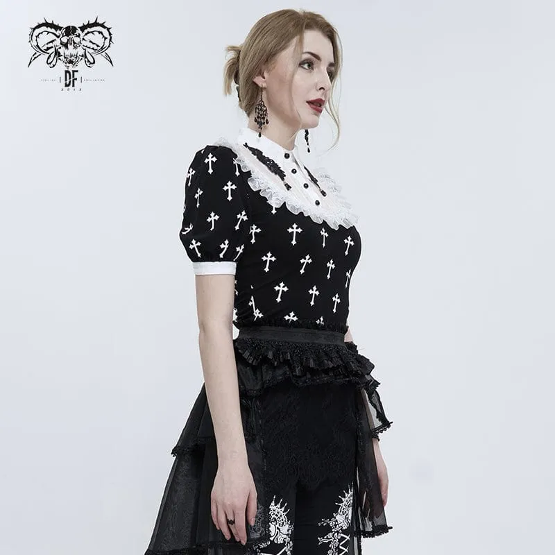 Zweifarbiges, gekräuseltes Gothic-Hemd für Damen mit Kreuzdruck