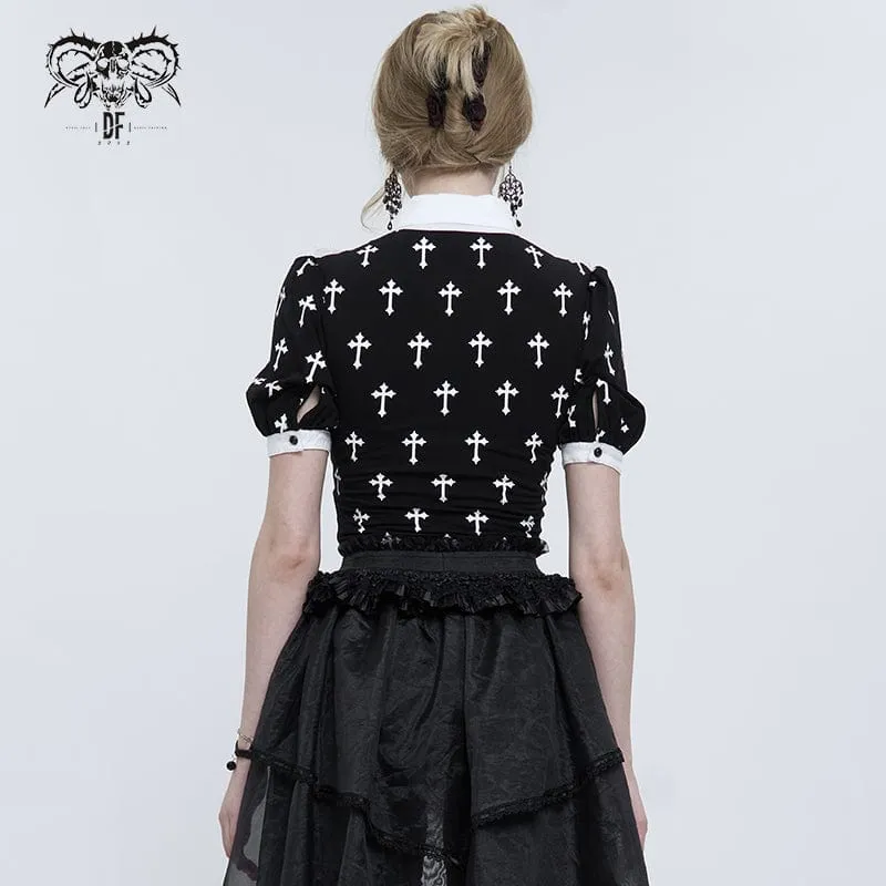 Zweifarbiges, gekräuseltes Gothic-Hemd für Damen mit Kreuzdruck