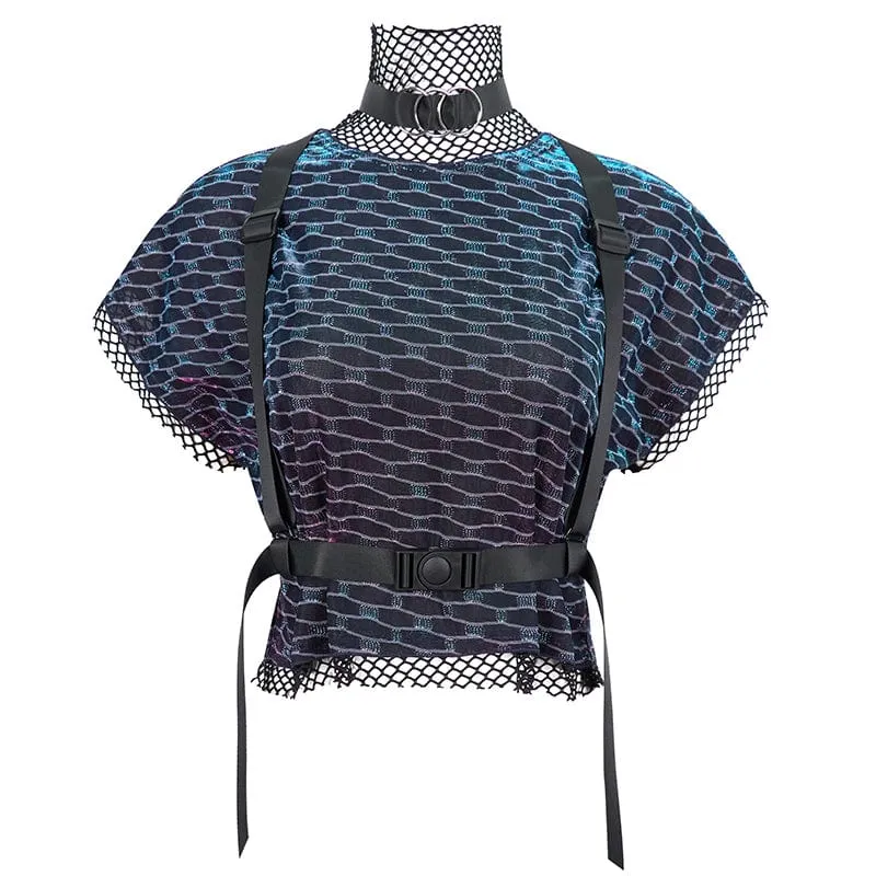 Crop-Top aus gespleißtem Mesh mit Grunge-Scaly-Print und Schnallenriemen für Damen