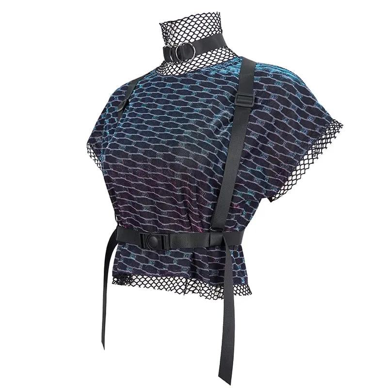 Crop-Top aus gespleißtem Mesh mit Grunge-Scaly-Print und Schnallenriemen für Damen