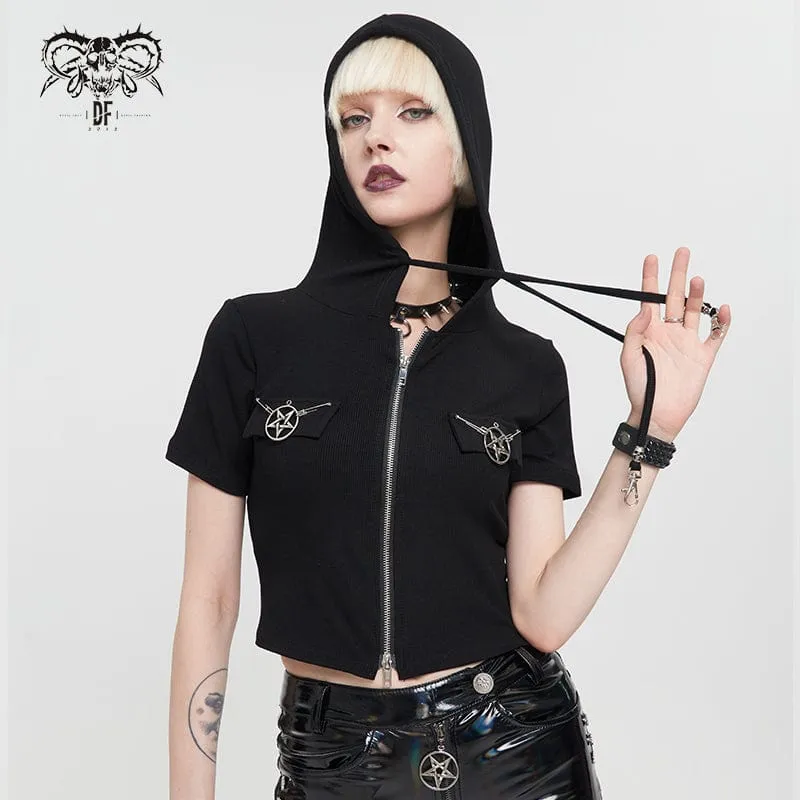 Damen Punk Metal Star Kurzarm Crop Top mit doppeltem Reißverschluss