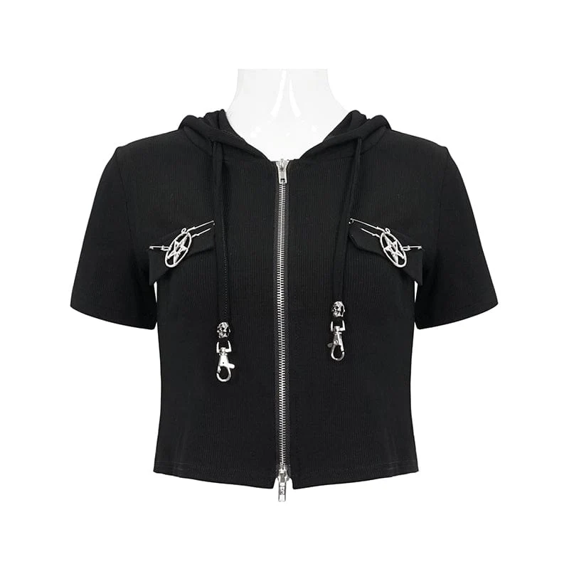 Damen Punk Metal Star Kurzarm Crop Top mit doppeltem Reißverschluss