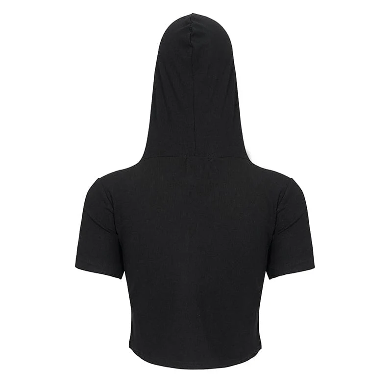 Damen Punk Metal Star Kurzarm Crop Top mit doppeltem Reißverschluss