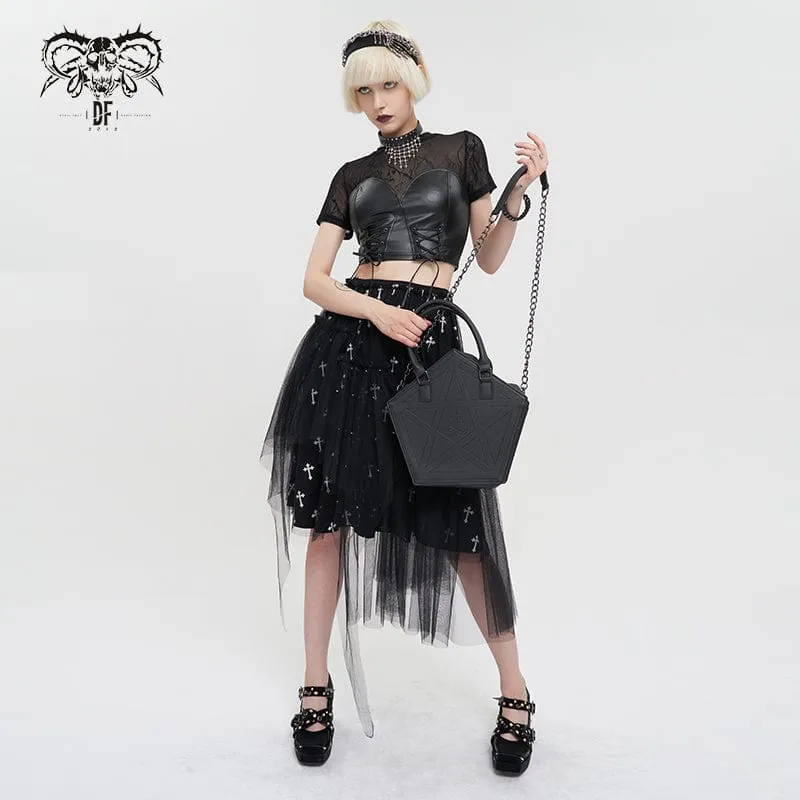 Damen Punk Strappy Mesh Splice Kunstleder Crop Top