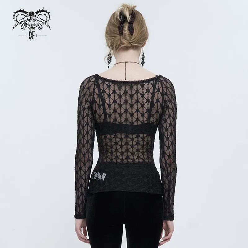 Damen-Punk-Perlen-Sheer-Mesh-Shirt