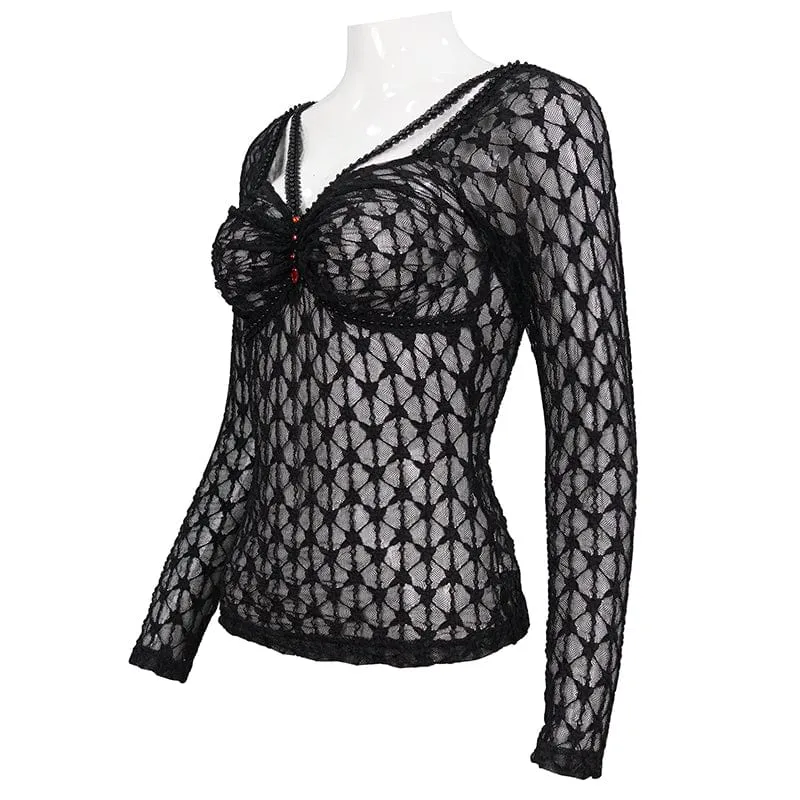 Damen-Punk-Perlen-Sheer-Mesh-Shirt