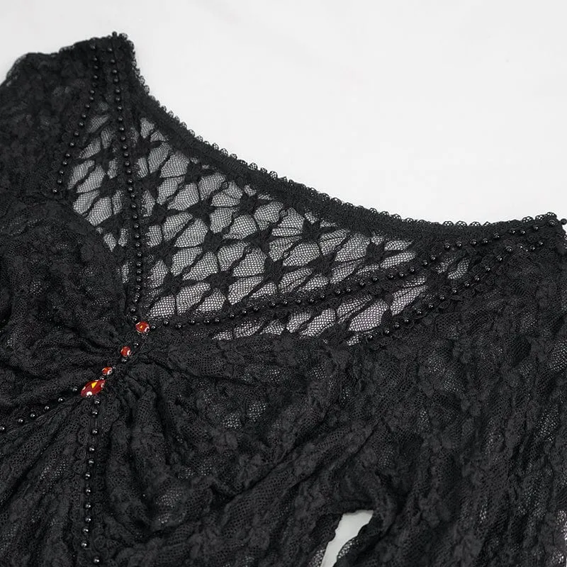 Damen-Punk-Perlen-Sheer-Mesh-Shirt