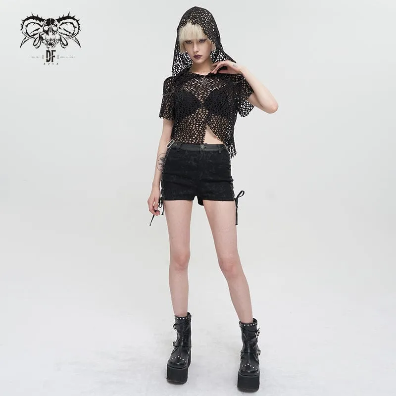 Damen Punk Unregelmäßiges Riemchen-Mesh-Kurzarmhemd