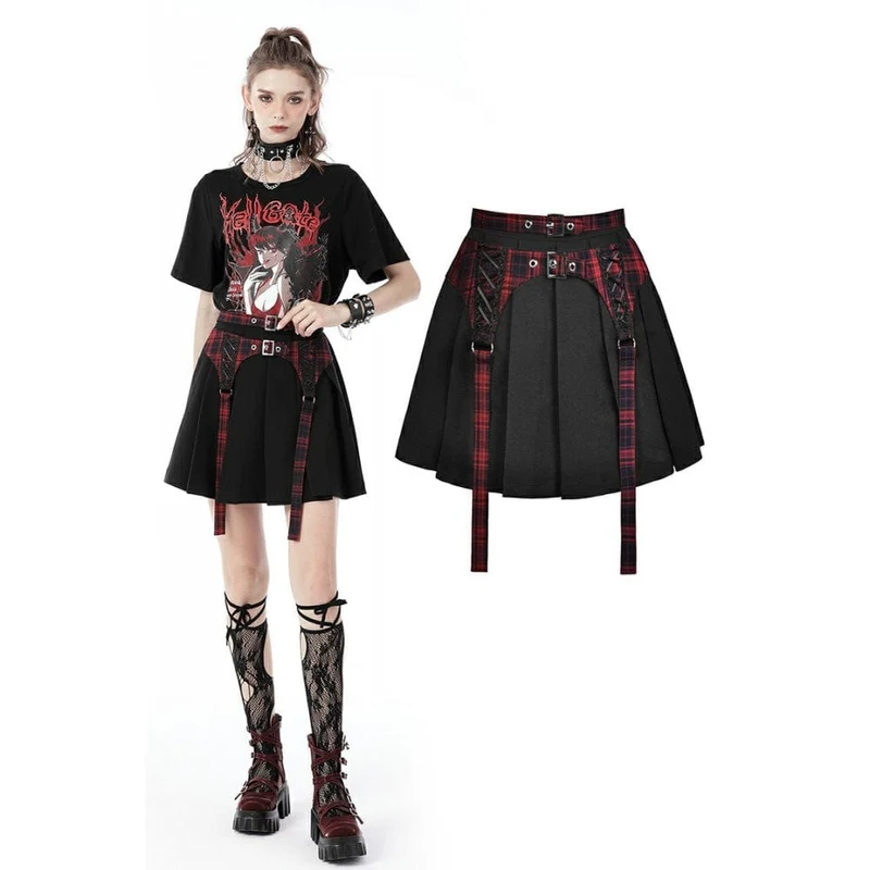 Damen Punk Rock Faltenrock mit rot kariertem Riemen